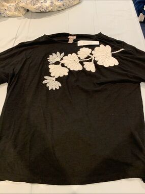 Chico's Black Short-Sleeve Tee with White Floral Applique